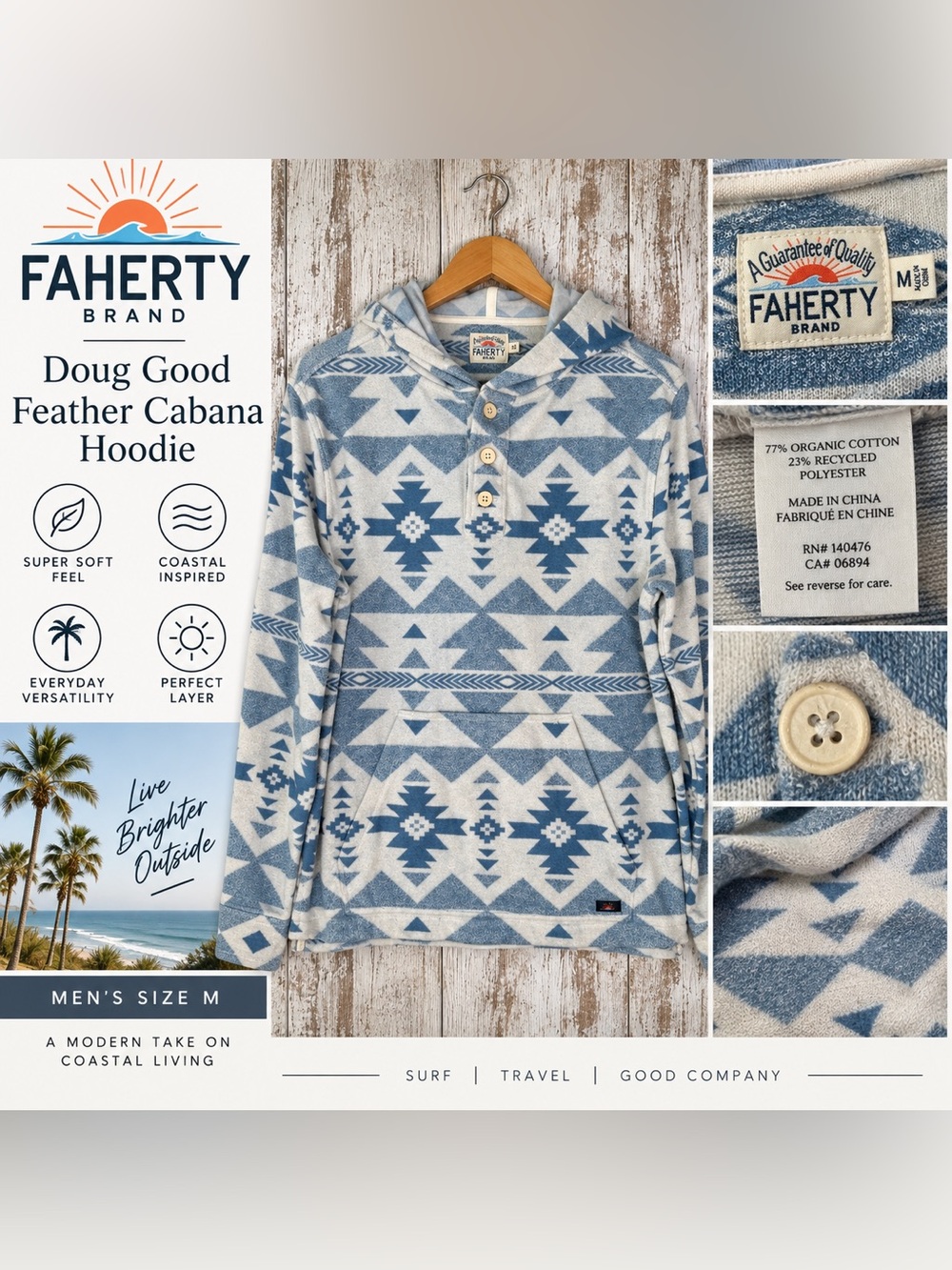 Faherty Doug Good Feather Cabana Hoodie Men’s M Blue Southwestern Organic Cotton